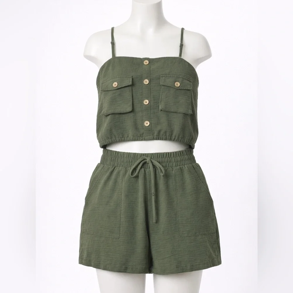 No Boundaries Olive Green Crop Tank & Drawstring Shorts Set - Picture 1 of 3